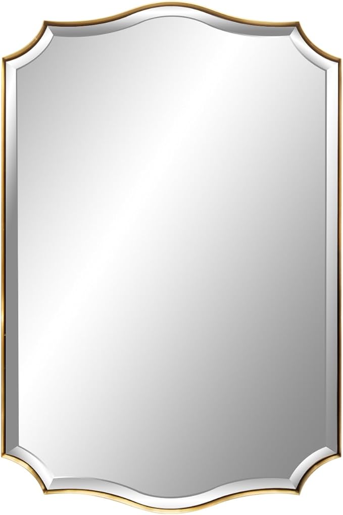 POZINO Scalloped Beveled Mirror, 24"x36" Gold Irregular Shaped Mirror, Modern Rectangle Mirrors in Stainless Steel Frame, Vanity Wall Mirrors for Bathroom Living Room Bedroom Fireplace Entryway