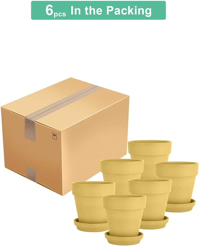 vensovo 4 Inch Small Yellow Terracotta Plant Pots with Saucer - 6 Pack Clay Flowerpots with Drainage, Great for Indoor Outdoor Plants, Crafts, Wedding Favor