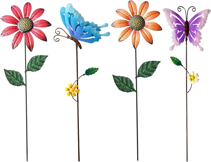 Metal Flowers for Outside, 16.15" 4-Pack Metal Colorful Butterfly & Flower Decorative Garden Stakes for Spring Garden Decor, Shaking Head Yard Art Decorations for Patio Lawn Ornaments