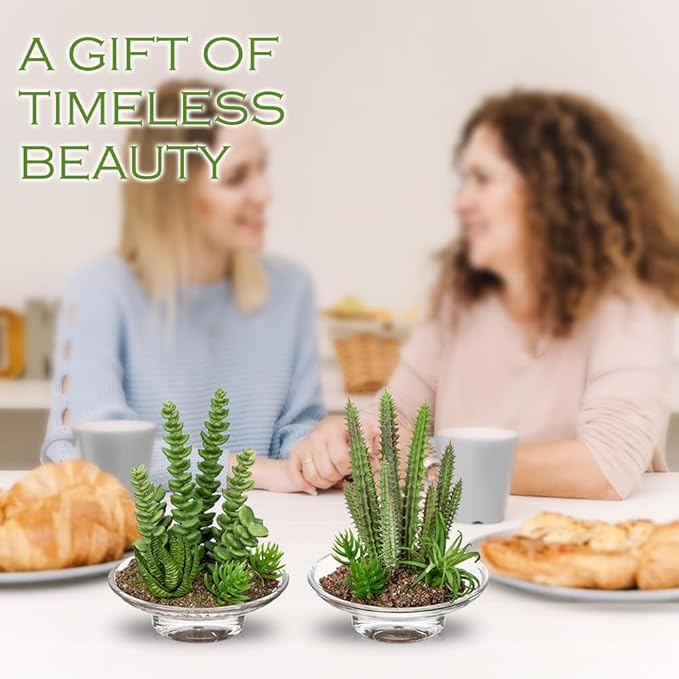 Set of 2 Succulents Plants Artificial Cactus in Glass Pot with Realistic Featuring Sand Moss, Small Fake Succulents Plants Faux Plants Indoor for Home Office Desk Bathroom Shelf Living Room Decor