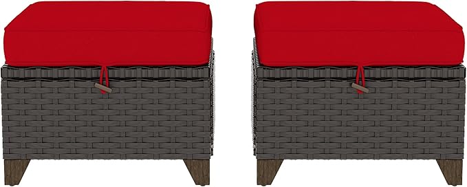 2 Pieces Patio Outdoor Ottomans with Removable and Washable Covers,PE Rattan Wicker Footstools for Porch, Garden, Sunroom (Red)