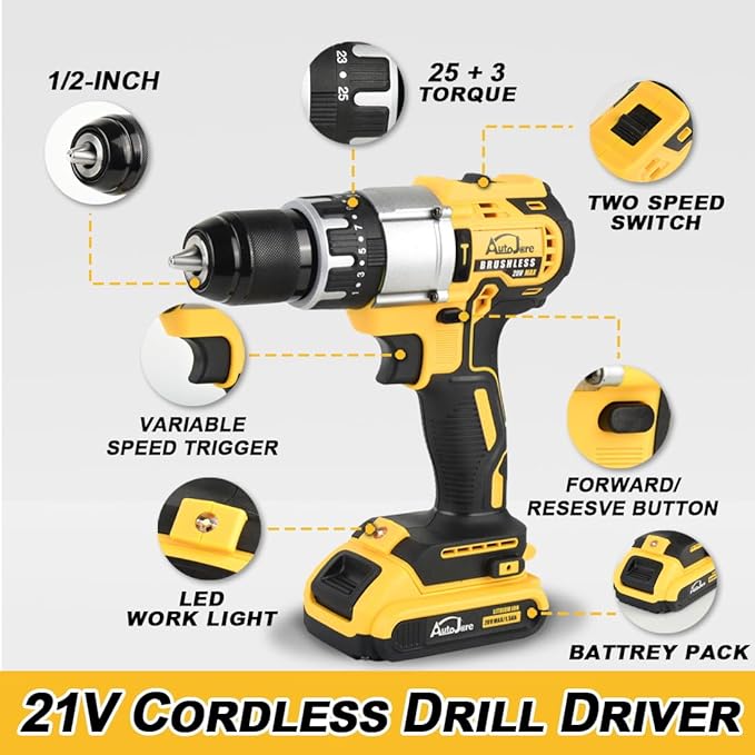 1/2" Cordless Drill Driver 798 in-lbs 25+3 Clutch 2 Speed Modes Power Drill with 2 x 1.5Ah Li-ion Battery, Fast Charger, 24pcs Accessories and Carry Case for Home Improvement, DIY Project