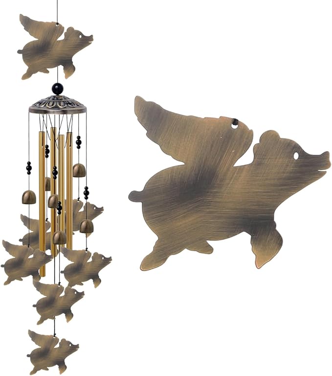 Flying Pigs Wind Chimes Outdoor Decor - with 6 Bells 7 Pigs Wind Chimes, Mobile Romantic Fly Pigs Wind Catcher, Bronze Pigs Wind Bells for Home, Mom Gifts, Balcony, Tree, Festival, Garden Decoration