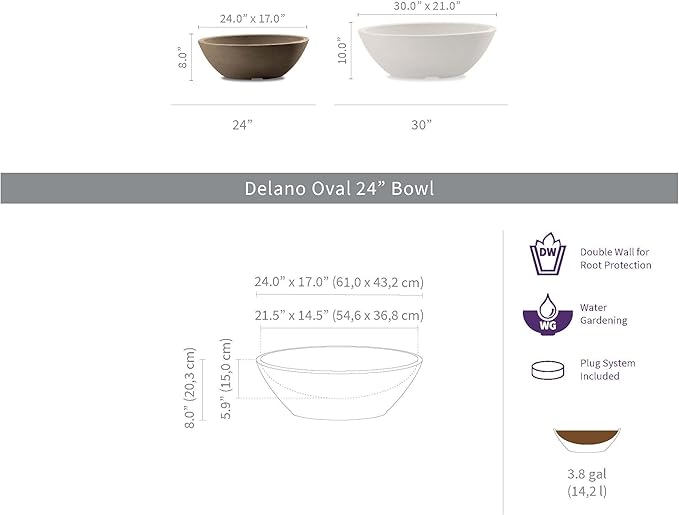 Crescent Garden Delano Oval Planter Bowl, Succulent Garden, Unique Indoor/Outdoor Double-Walled Plant Bowl with Plug- Oval Shape - 24" L x 17" W x 8" H (Slate)