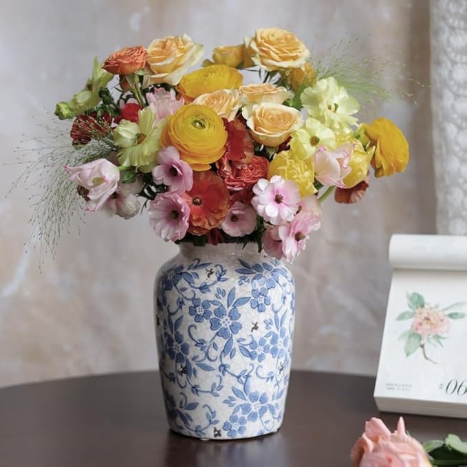 Denique Vintage Blue and White Porcelain Vase Ceramic Vase for Home Decor, Retro Crack Blue Flower Vase Pottery Vase Chinoiserie Decor