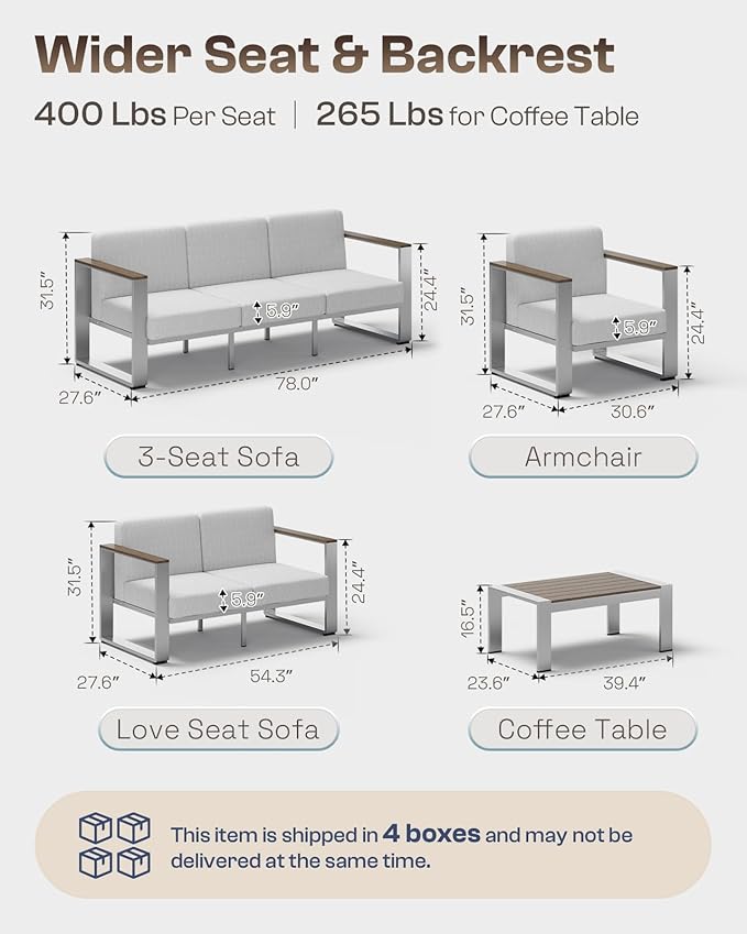 Outdoor Furniture Set, 5 Piece Aluminum Patio Furniture Set with Coffee Table, Wide Seat and Thick Cushions, Outdoor Patio Conversation Sets for Deck, Porch (LightGray)