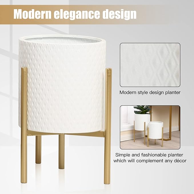 LuxenHome Planters for Indoor Plants, Set of 2 Indoor Plant Pots, White Planter with Gold Metal Stand, Luxury Flower Pots for Plants, Large Floor Plant Pot, NOT Waterproof