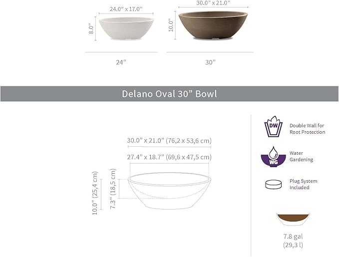 Crescent Garden Delano Oval Planter Bowl, Succulent Garden, Unique Indoor/Outdoor Double-Walled Plant Bowl with Plug- Oval Shape - 30" L x 21" W x 10" H (Slate)