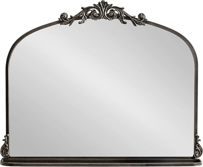 Kate and Laurel Arendahl Traditional Vintage Arch Mirror with Shelf; 33 x 26; Black; Baroque Antique Arched Wall Mirror with Functional Shelf for Use as Vanity Bathroom Mirror or Cute Nursery Mirror