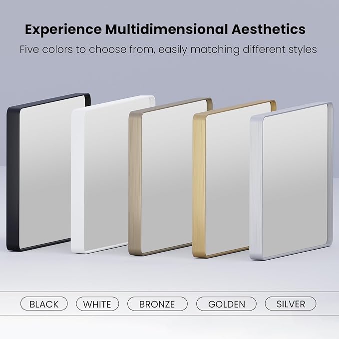 Gold Bathroom Mirror, 36x36 Inch Brushed Gold Metal Frame Mirror for Wall, Rounded Rectangle Bathroom Vanity Mirror, Tempered Glass, Anti-Rust, Horizontal/Vertical