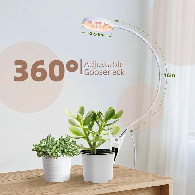 VC.Formark Adjustable Clip-On Grow Light with Timer, Full Spectrum LED Plant Light for Indoor Plants, 360° Gooseneck, 10-Level Dimmer, 3/9/12H Auto Cycle for Herbs, Succulents, Small Plants
