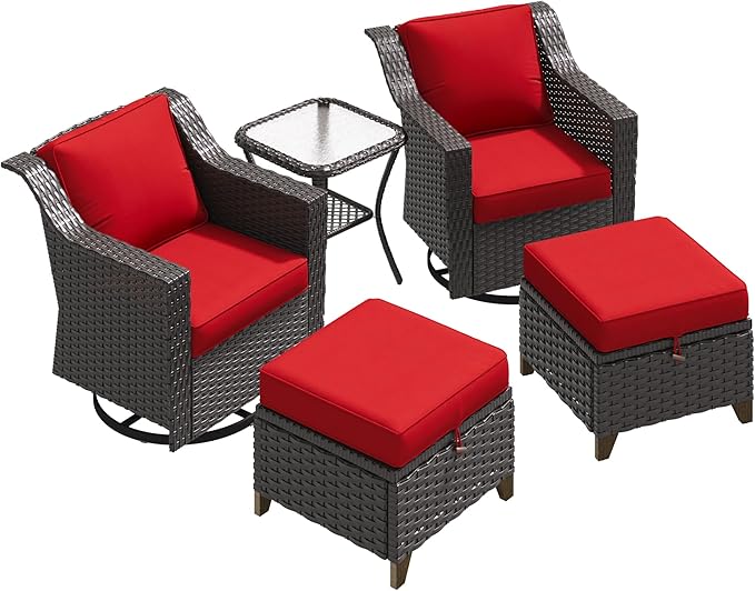 5 Pieces Patio Conversation Furniture Set - Swivel Chairs with Ottomans Set of 2, 1 Side Table, Outdoor Wicker Furniture Set with Washable Cushions for Porch, Balcony, Sunroom (Red)