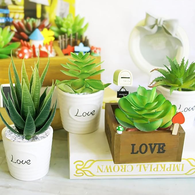 Fake Succulent Plants, 6pcs Mini Green Succulent Plants Faux, Artificial Succulents Plants for DIY Crafting Home Floral Wall Office Decoration (excluding pots)