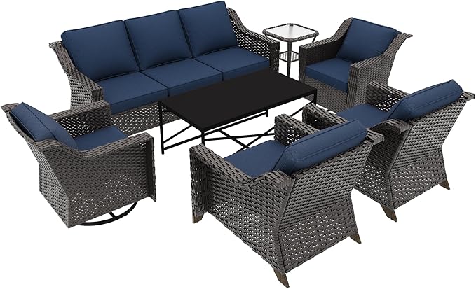 7 Pieces Outdoor Conversation Furniture Set - 77" Patio Sofa, 2 Armchairs, 2 Swivel Glider Chairs, 1 Side Table, 1 Metal Table, Wicker Couch with Washable Cushions for Porch (Navy Blue)
