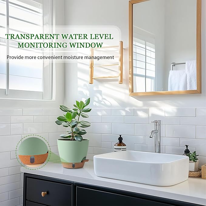 2 Pack 8 Inch Pots for Plants Indoor, Plastic Self Watering Planters with Drainage Holes, Water Level Indicator & Deep Reservoir, Decorative Flower Pots Indoor Outdoor Use (Green
