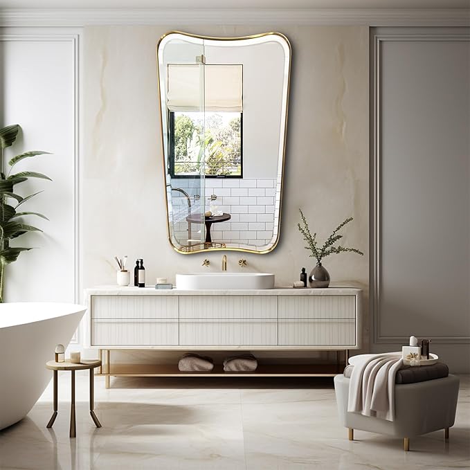 POZINO Gold Beveled Mirror, 30"x48" Brushed Wavy Vanity Mirror for Over Sink, Large Irregular Rectangle Mirrors, Butterfly Shaped Mirrors for Living Room Dressing Bathroom Bedroom Hallway Entryway