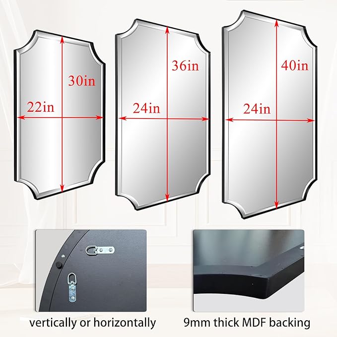 POZINO Rectangle Beveled Mirror, 22"x30" Scalloped Bathroom Mirror for Over Sink, Modern Irregular Shaped Mirrors, Wavy Vanity Wall Mirrors in Premium Frame, Wall Mount Hangs Horizontal Or Vertical