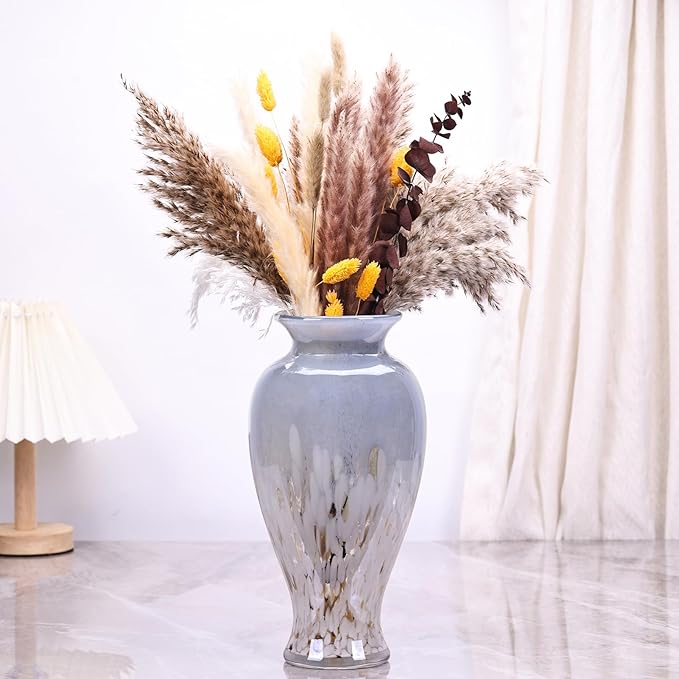 11.8" Tall Blown Blue Glass Vase, Colorful Opaque Glass Vase, Unique Design Wide Mouth Art Decoration for Home, Living Room, Dining Table, Pampas Grass Decor (Blue White)