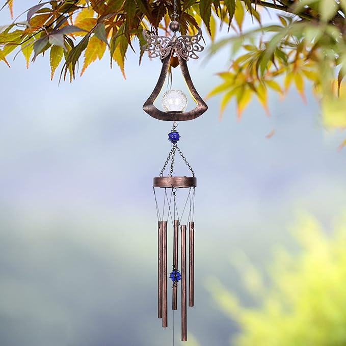 Taman Wind Chime - Angel Solar Lights Wind Chimes for Outside Indoor Crackle Glass Ball LED Decorative Mobile Memorial Gift, Aluminum Tubes for Home, Outdoor, Yard, Patio,Garden Decor