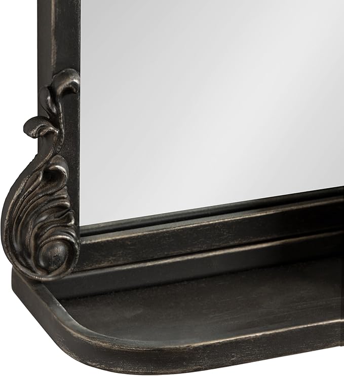 Kate and Laurel Arendahl Traditional Vintage Arch Mirror with Shelf; 16 x 25; Black; Baroque Antique Arched Wall Mirror with Functional Shelf and Ornate Frame