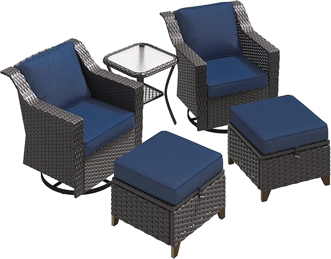 5 Pieces Patio Conversation Furniture Set - Swivel Chairs with Ottomans Set of 2, 1 Side Table, Outdoor Wicker Furniture Set with Washable Cushions for Porch, Balcony, Sunroom (Navy Blue)