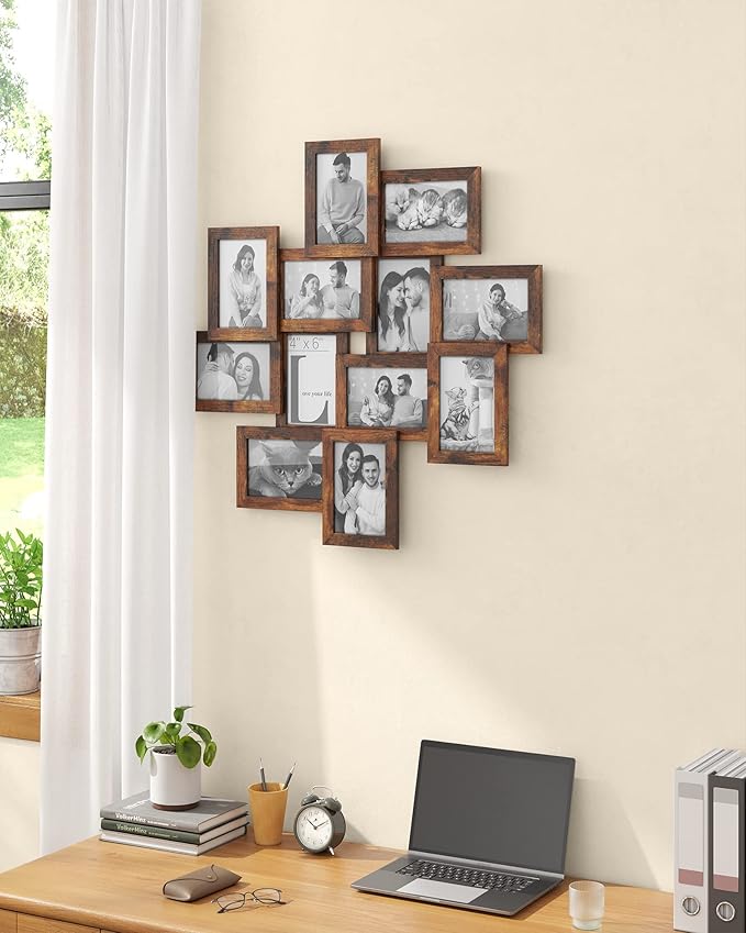 SONGMICS 4x6 Collage Picture Frames, 12-Pack Photo Collage Frame for Wall Decor, Glass Front, Assembly Required, Rustic Brown URPF022X01