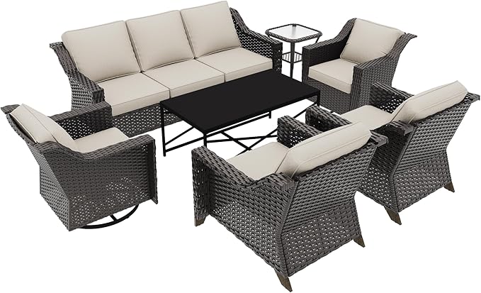 7 Pieces Outdoor Conversation Furniture Set - 77" Patio sofa, 2 Armchairs, 2 Swivel Glider Chairs, 1 Side Table, 1 Metal Coffee Table, Wicker Couch with Washable Cushions for Porch (Beige)