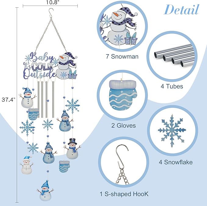 Christmas Snowman Metal Wind Chimes for Outside with S Hook and Snowflake 4 Tubes Metal Windchimes 37.4 Inch Indoor Outdoor Hanging Decoration Wind Chime for Home,Patio,Birthday Gifts Memorial Gift