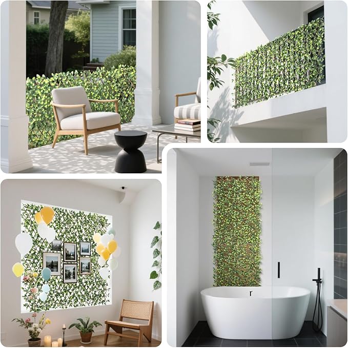 15" x 48" 2PCS Expandable Ivy Fence Privacy Screen Artificial Fences Greenery Faux Leaf Hedge Wall Decor for Balcony Wedding Backyard Indoor Outdoor, Ficus Leaves Single Side