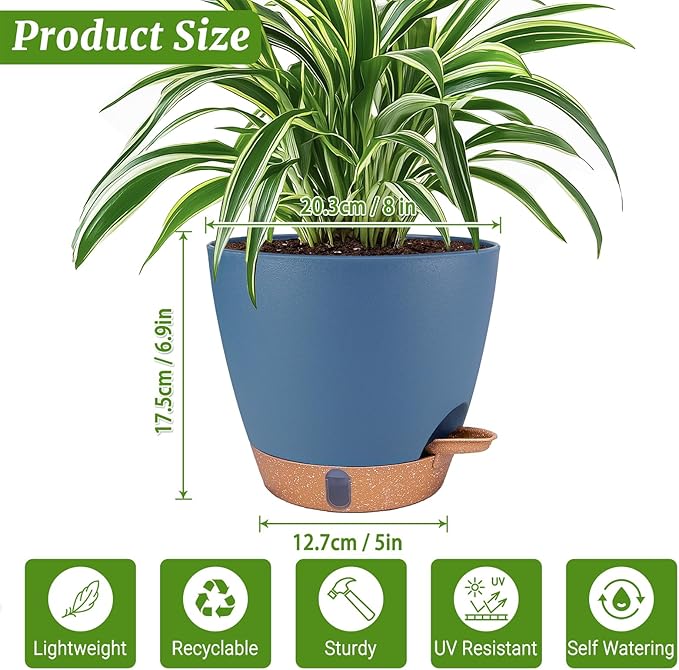 2 Pack 8 inch Plant Pots, Plastic Self Watering Planters with Drainage Holes, Deep Reservoir, Water Level Indicator, Modern Decorative Flower Pots for Indoor Outdoor Plants (Navy Blue, 8 inch)