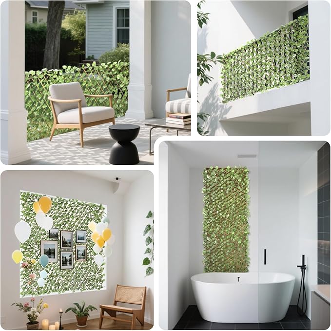15" x 48" 4PCS Expandable Ivy Fence Privacy Screen Artificial Fences Greenery Faux Leaf Hedge Wall Decor for Balcony Wedding Backyard Indoor Outdoor, Ivy Single Side