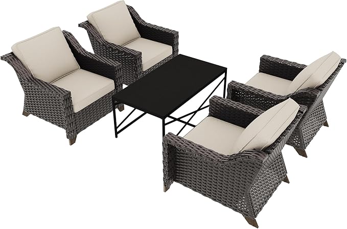 5 Pieces Outdoor Conversation Furniture Set - 4 PE Rattan Armchairs, 1 Metal Coffee Table, Patio Wicker Furniture Set with Water-Resistant Cushions for Swimming Pool, Sunroom (Beige)