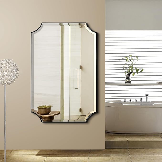 POZINO Black Beveled Mirror, 24"x36" Rounded Rectangle Mirror for Over Sink, Modern Irregular Shaped Mirrors Decorative, Vanity Wall Mirrors for Bathroom Living Room Bedroom Fireplace Entryway