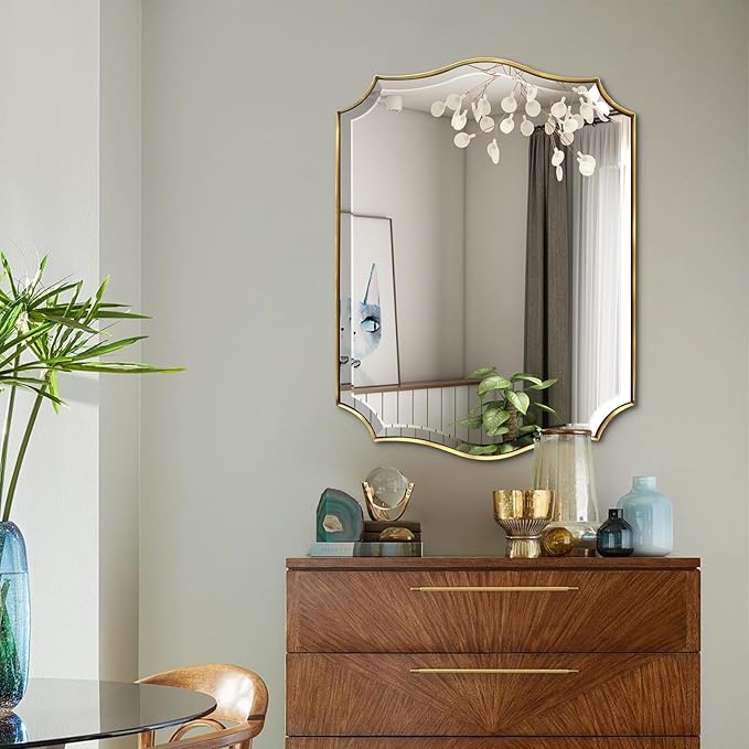 POZINO Scalloped Beveled Mirror, 22"x30" Gold Irregular Vanity Mirrors in Premium Stainless Steel Frame, Modern Rectangle Bathroom Mirror for Over Sink, Wall Mount Hangs Horizontal Or Vertical
