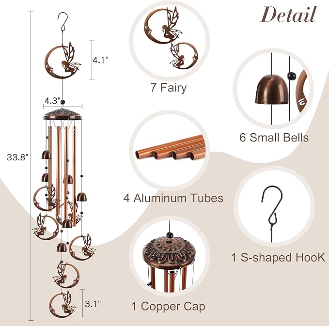 Fairy Wind Chimes for Outside, Metal Wind Chimes Outdoor with 4 Aluminum Tubes Metal Windchimes with S Hook Memorial Windchimes Hanging Garden Decor for Home, Patio, Birthday Gifts Memorial Gift