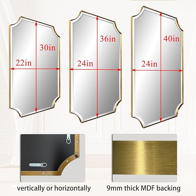 POZINO Beveled Vanity Mirror, 24"x36" Modern Bathroom Mirrors Over Sink, Rounded Rectangle Mirrors with Stainless Steel Frame, Brushed Brass Wall Mirrors for Bedroom Living Room Fireplace Entryway