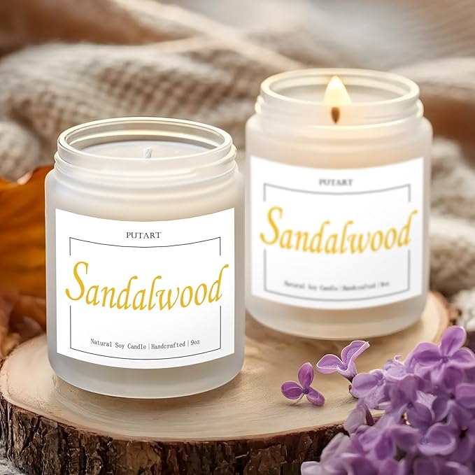 Sandalwood Scented Candles for Home, Natural Soy Wax Aromatherapy Santal Candle Gifts for Women & Men, Handmade Highly Scented & Long Lasting Non Toxic Jar Candle for Stress Relief (9oz