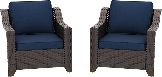 Patio 2 Pieces Chairs Set of 2 with Removable and Washable Covers,Outdoor PE Rattan Wicker Armchairs with Water-Resistant Cushions for Porch, Balcony, Sunroom (Navy Blue)