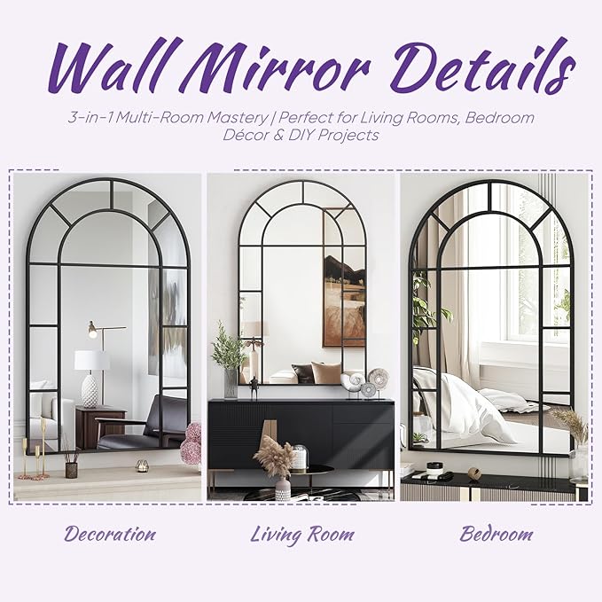 Bathroom Mirror, 24x36 Arched Wall Mirrors, Black Wall-Mounted Mirrors, Bathroom Vanity Mirror for Over Sink, Bathroom, Living Room, Bedroom, Entryway