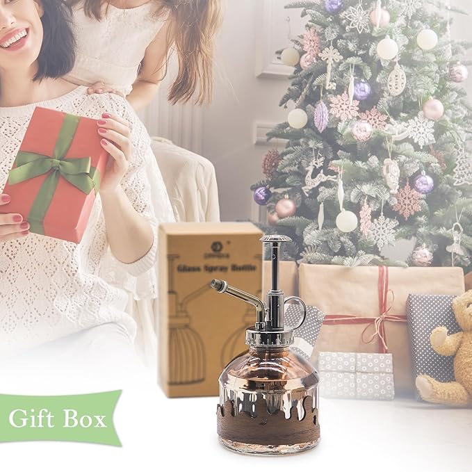 OFFIDIX Glass Plant Mister, 6.3 Inches Tall Vintage Style Spritzer Bronze Plastic Top Pump One Hand Watering Can Indoor Plant Spray Bottle for Garden, Plants, Cleaning (Morning Dew)