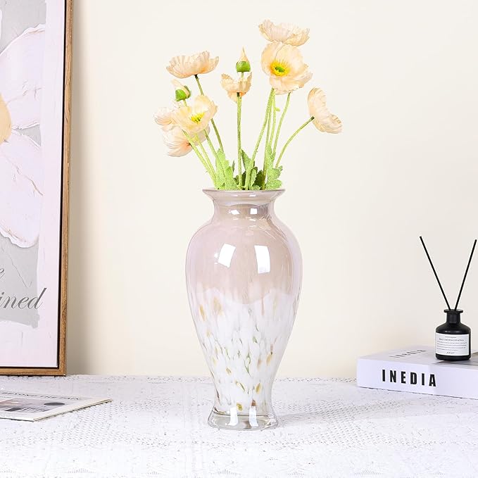 11.8" Tall Pink White Blown Glass Vase, Colorful Opaque Glass Vase, Unique Design Wide Mouth Art Decoration for Home, Living Room, Dining Table, Pampas Grass Decor (Pink White)