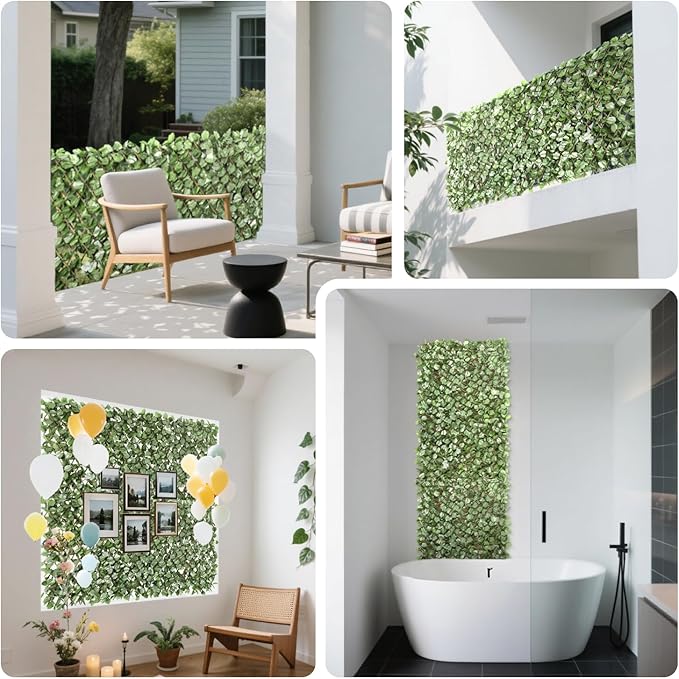 15" x 48" 4PCS Expandable Ivy Fence Privacy Screen Artificial Fences Greenery Faux Leaf Hedge Wall Decor for Balcony Wedding Backyard Indoor Outdoor, Ivy Double Side