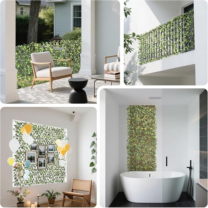 15" x 48" 3PCS Expandable Ivy Fence Privacy Screen Artificial Fences Greenery Faux Leaf Hedge Wall Decor for Balcony Wedding Backyard Indoor Outdoor, Rose Leaves Single Side