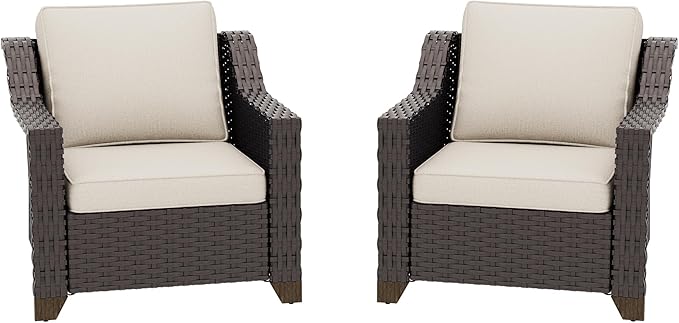 Patio 2 Pieces Wicker Chairs Set of 2, Outdoor PE Rattan Armchairs, Water-Resistant Cushions with Removable and Washable Covers, Porch Balcony, Sunroom (Beige)