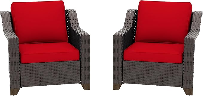 Patio 2 Pieces Chairs Set of 2 with Removable and Washable Covers,Outdoor PE Rattan Wicker Armchairs with Water-Resistant Cushions for Porch, Balcony, Sunroom (Red)