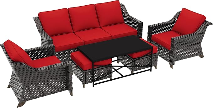 6 Pieces Outdoor Conversation Furniture Set - 77" Patio Sofa, 2 Armchairs, 2 Ottomans, 1 Metal Table, Patio Wicker Couch Set with Washable Cushions for Swimming Pool (Red)