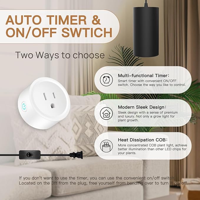 STERREN Hanging Grow Lights,Plug in Pendant Light for Indoor Plants,Full Spectrum Plant Light with ON/Off Switch, Auto Timer Decorative LED Grow Light with 21 FT Power Cord