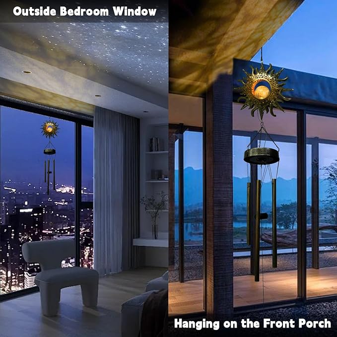 Ferrisland Solar Wind Chimes for Outside Clearance, Sun Windchimes Outdoors for Porch Patio with Crackle Glass Ball LED Light, Waterproof Metal Outdoor Hanging Decor for Women Wife Mom