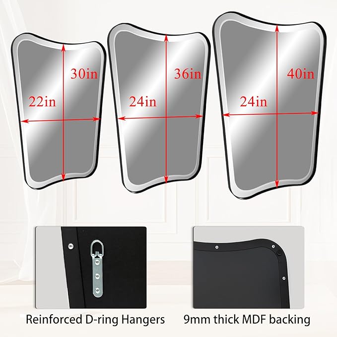 POZINO Bathroom Beveled Mirror, 22"x30" Wavy Vanity Mirror for Over Sink, Modern Butterfly Shaped Decorative Mirrors with Stainless Steel Metal Frame, Black Irregular Rectangle Mirrors for Wall Decor