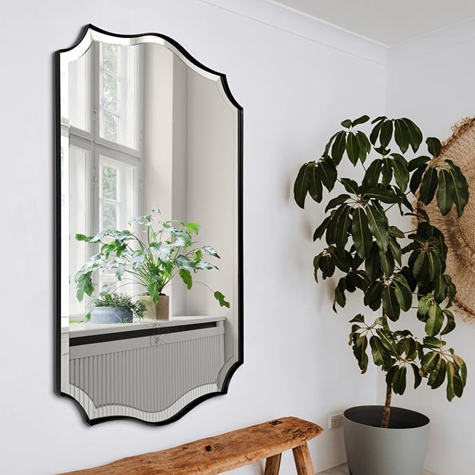 POZINO Scalloped Beveled Mirror, 30"x48" Modern Rectangle Mirrors for Over Sink, Large Wavy Decorative Mirrors, Irregular Shaped Mirror for Vanity Bathroom Living Room Bedroom Fireplace Entryway